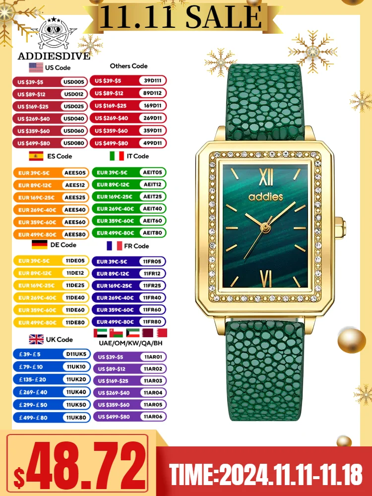 ADDIES watch for women Ladies Quartz Wrist Watch Luxury Brand Rose Gold Green Leather Reloj Para Mujer Women Watches