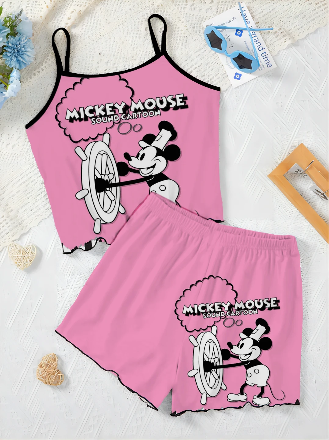 Kurze Sets für Frauen 2 Stück Mickey Disney Salat Trim T-Shirt Slip Kleid Damen anzug Minnie Maus Pyjama Rock elegant nach Hause