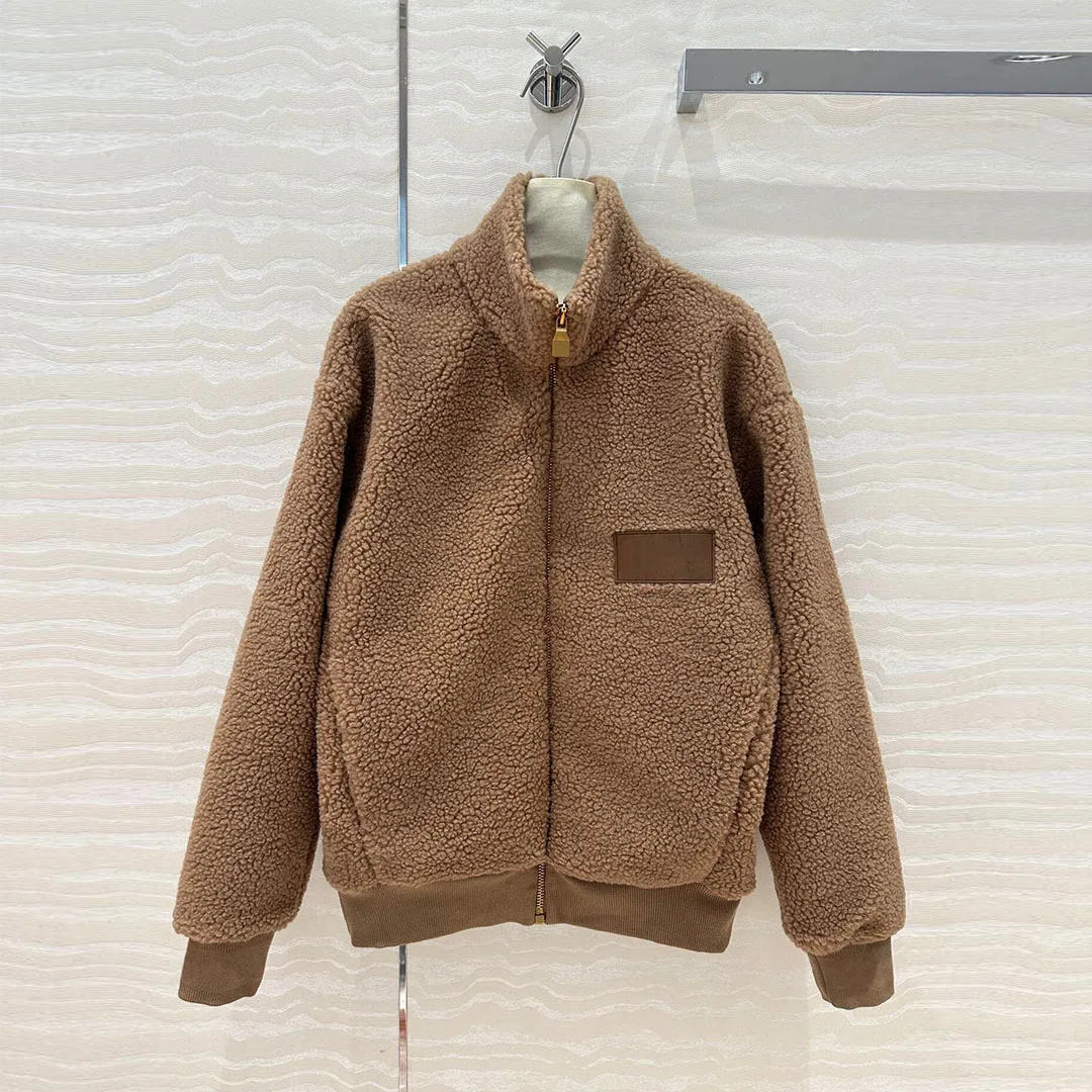 

2024 New Fashion Vintage Brown Color Artificial Lamb Wool Coat Women Turtleneck Zipper Fly Long Sleeve Loose Casual Warm Jacket