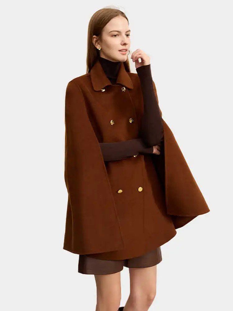 AMII Women's Woolen Coat 2023 Winter New Lapel Leather Belt Wool Cashmere Double-sided Cape Y2K Vintage Long Blends 12344065