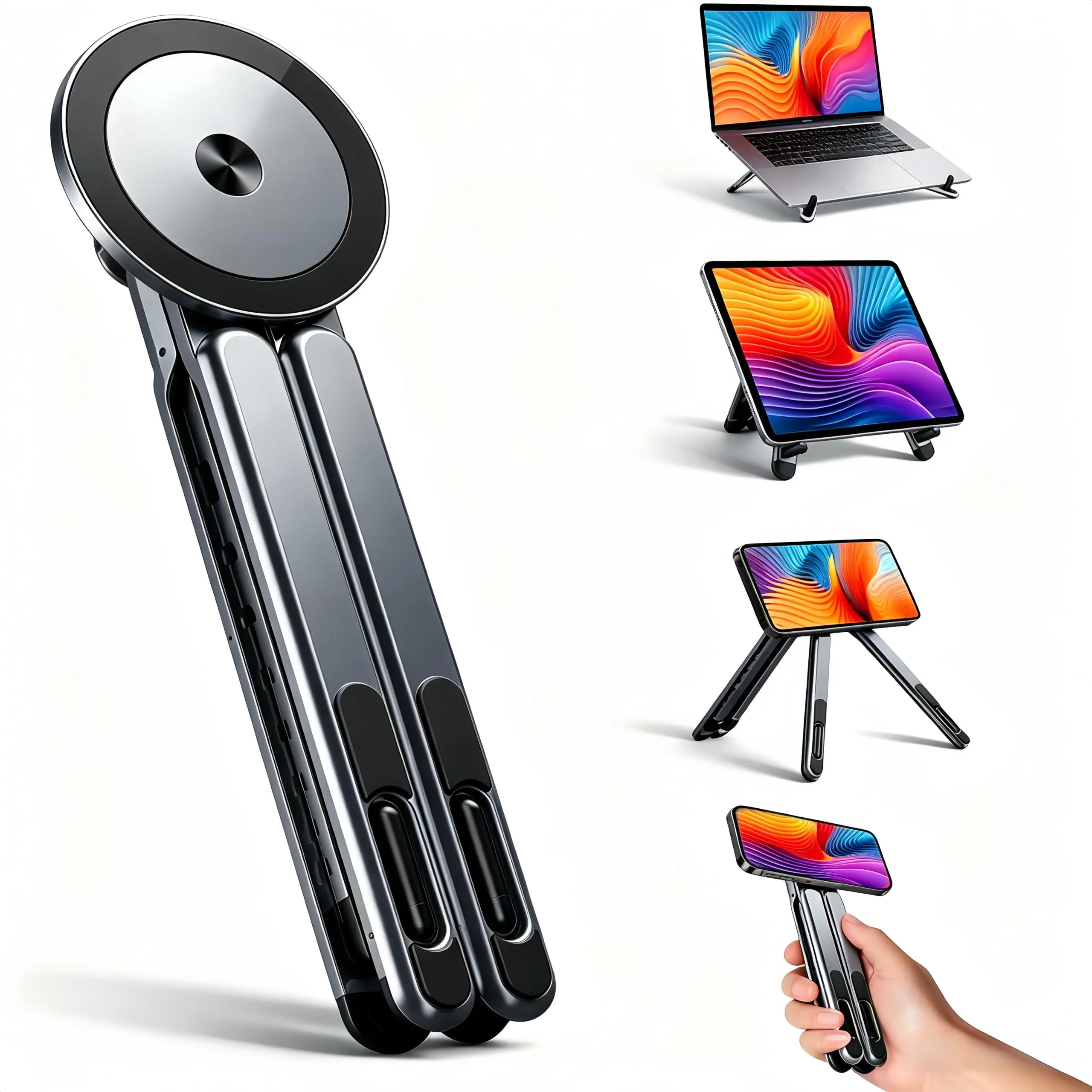 4-in-1 Foldable Magnetic Phone Holder Adjustable Laptop Stand for iPhone iPad MacBook Tablet Multifunctional Portable Tripod