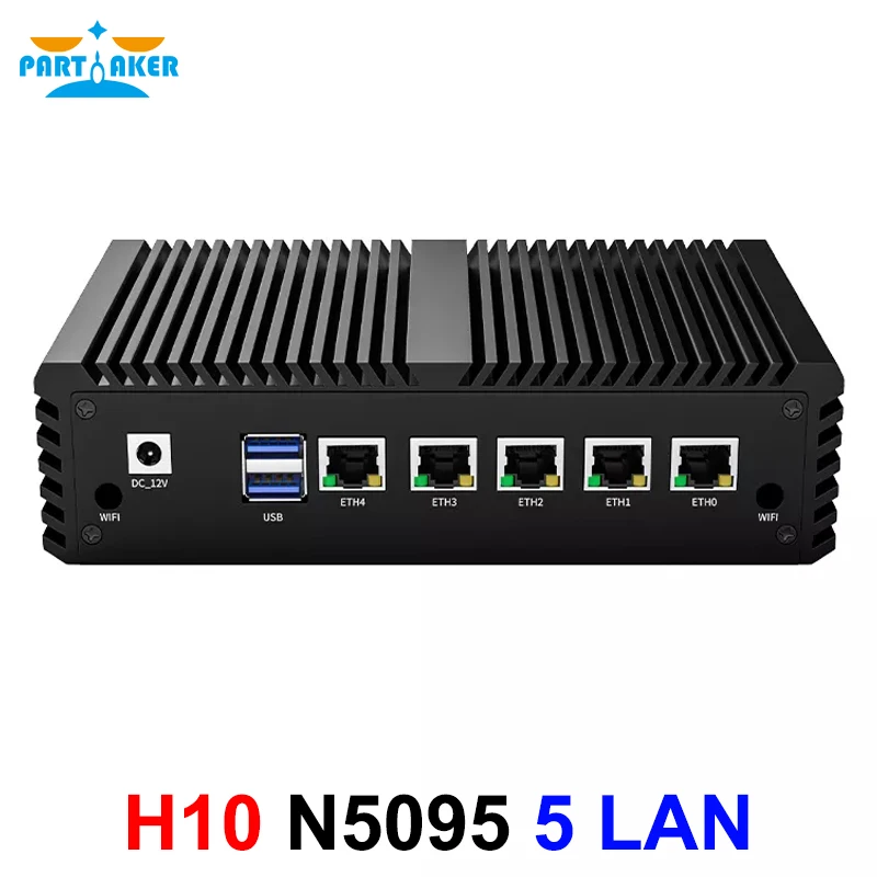 

Partaker Intel N5095 N5105 Soft Router Fanless Mini PC 5 x i225 i226 LAN HD-MI VGA 2 COM WiFi 4G POE pfSense Firewall Appliance