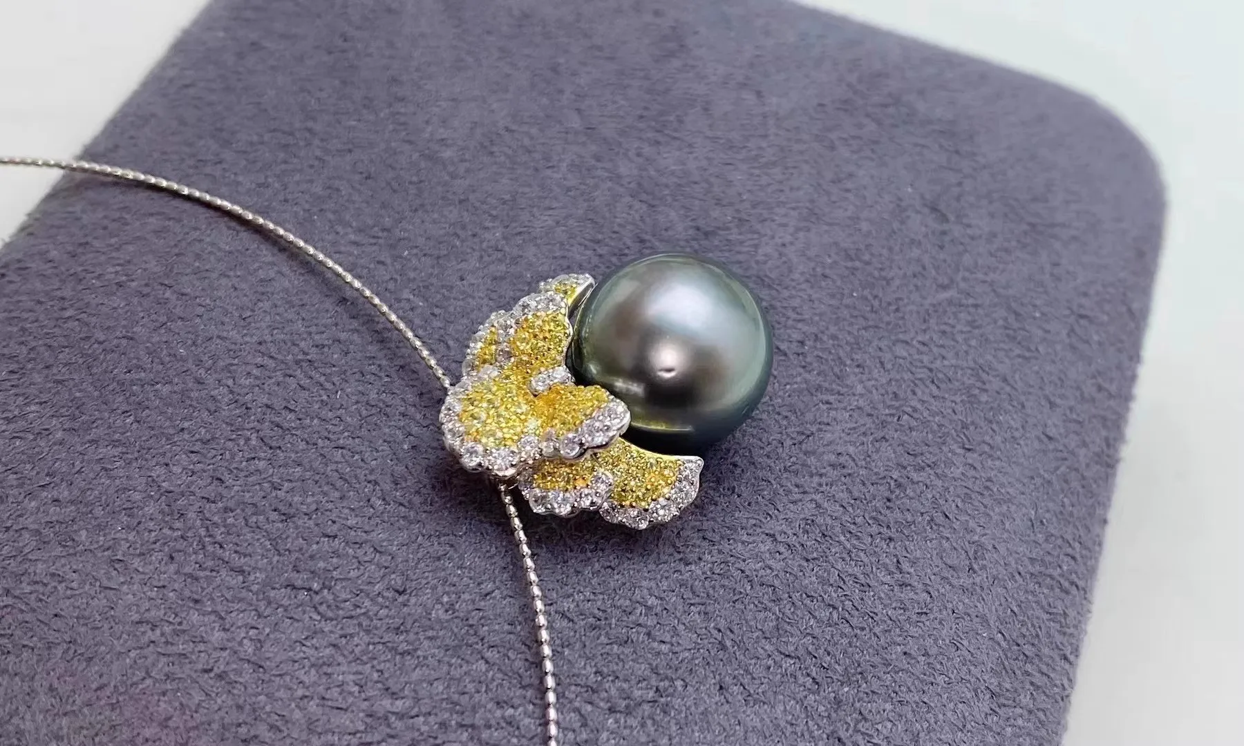 Gorgeous AAA 12-13mm Natural Tahitian Black Stud Pearl Pendant Necklace 925 Silver