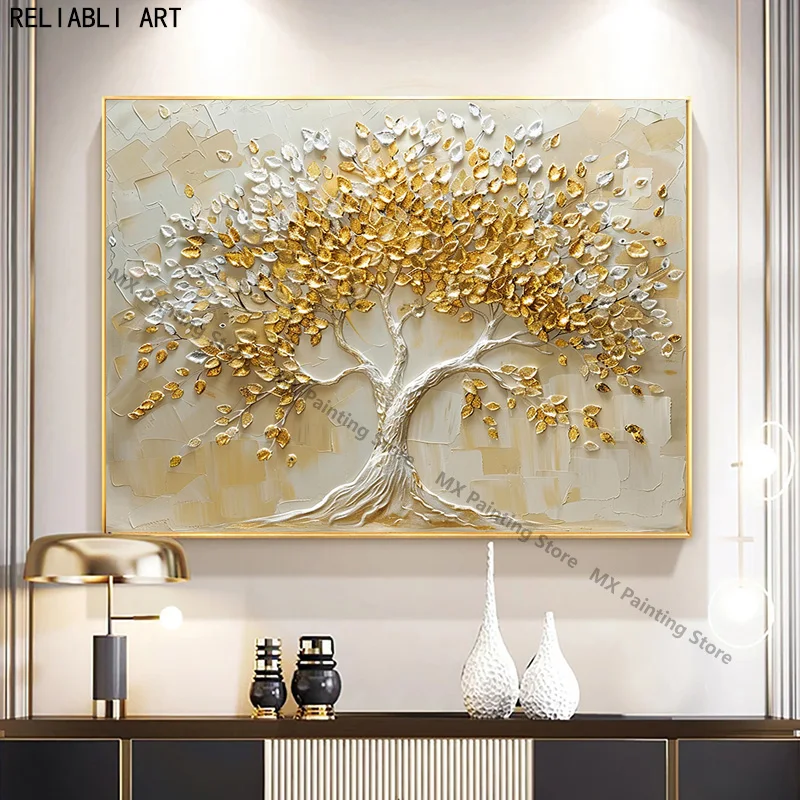 Gold Tree Landscape Oil Painting On Canvas,Posters,Abstract Textured  Tree Wall Art Living Room Decor, Unframed Pictures