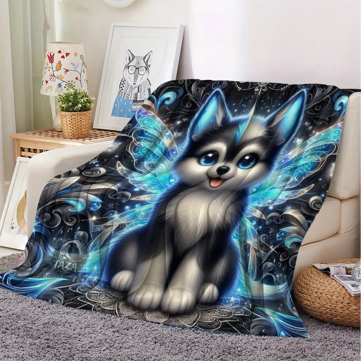 Winged Husky Print Flannel Blanket, Air Conditioning Blanket for Dorm and Office Naps, Printed Flannel Blanket, Gift for Friends