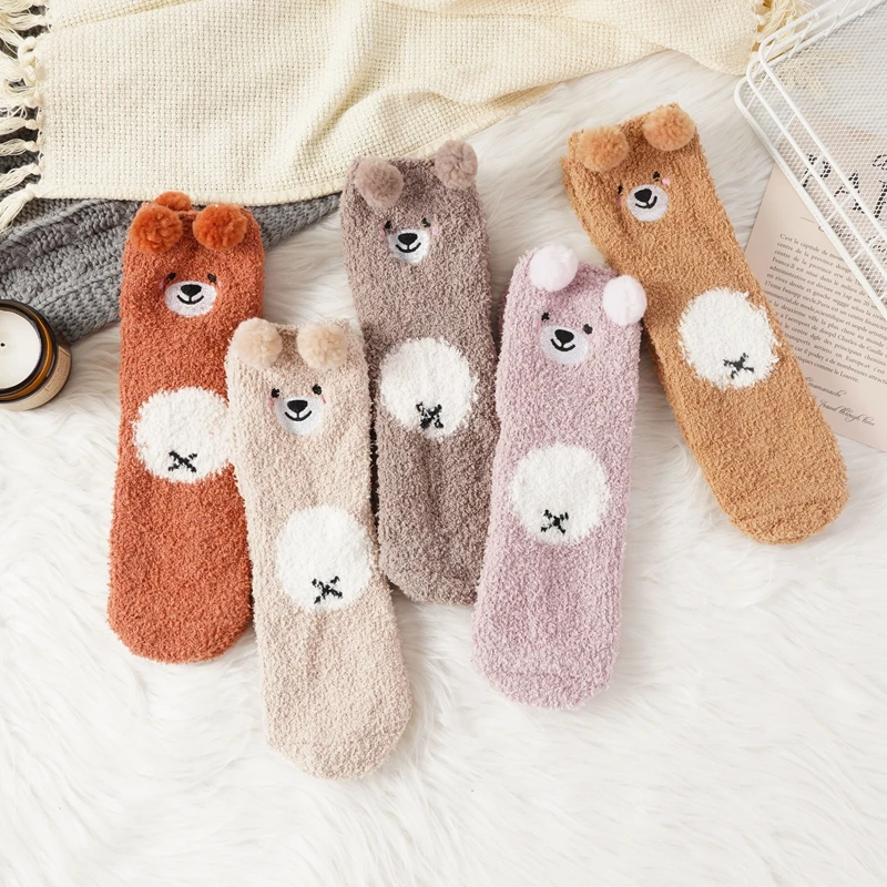 ALLTOOALL Women Socks Winter Cute Bear Coral Fleece Fuzzy Socks Girls Warm Autumn Winter Thicken Female Funny Home Socks