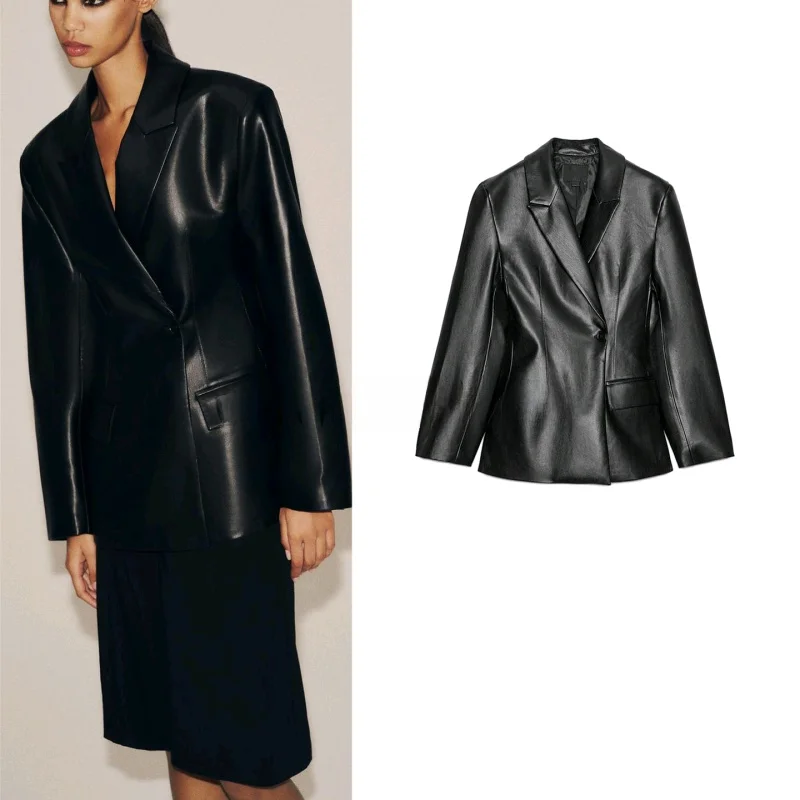 

Autumn New Women's Commuter Sle Slim Fit PU Leather Long Sve V Ne Suit Jaet Casual Faion Casual Wear Polyester Fiber