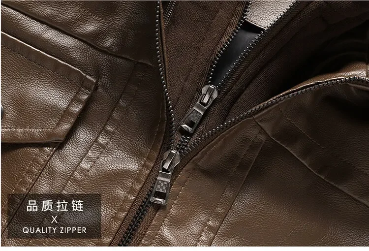 New Men Hooded Leather Jacket Double Zipper Windproof Warm Jacket Men's Fashion Motorcycle Biker LeatherJacket High Quality