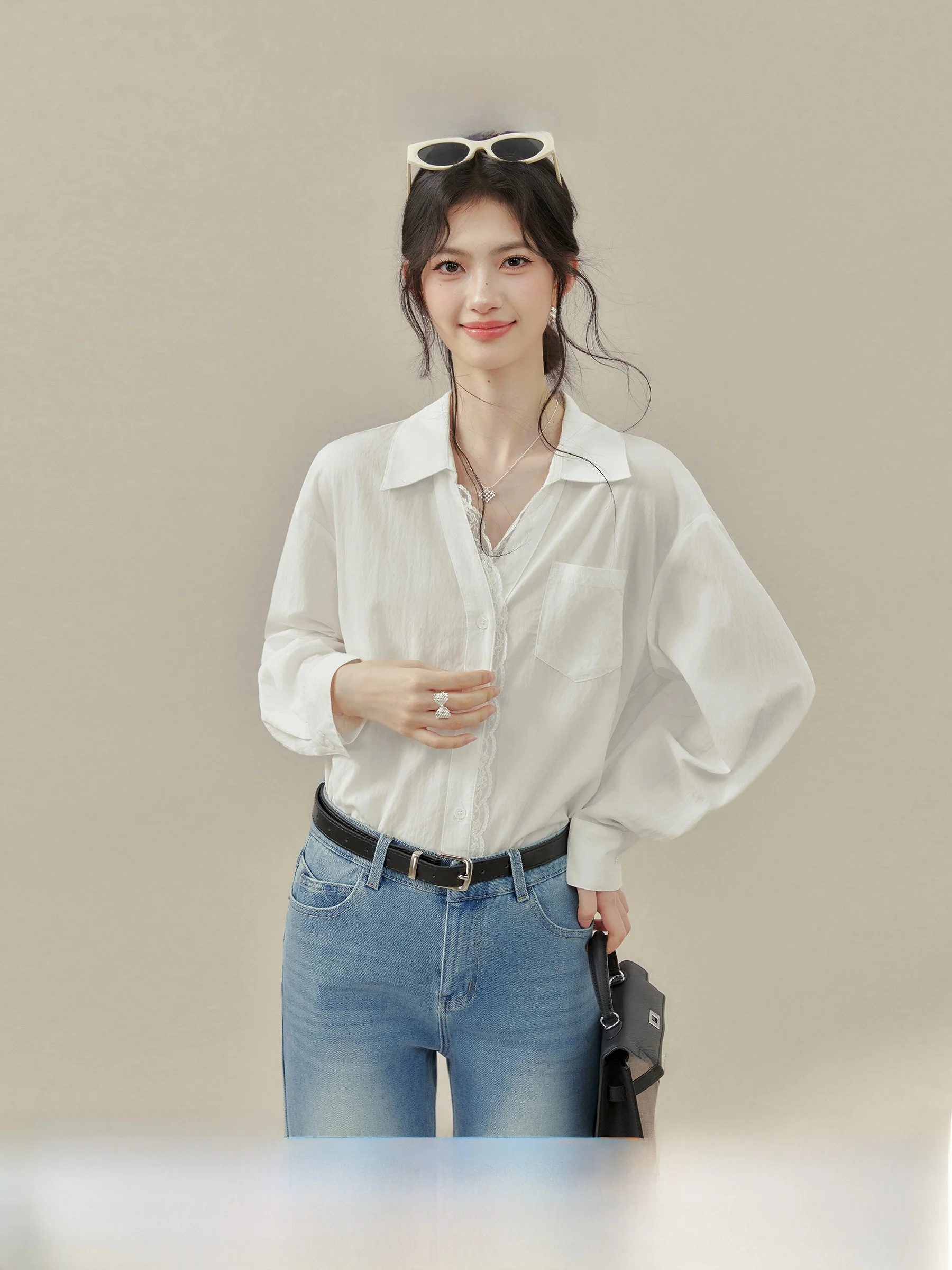 

Ele White V-ne Lace Patchwork Collar irt Women's Spring Faion by Ouyang Xi Long Sve irt Ele Sle