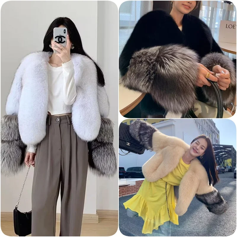 2024 New Style Women Fur Coat Real Fox Fur Jacket Natural Fox Fur Short Style Clothing Full Length Sleeve Female Coat