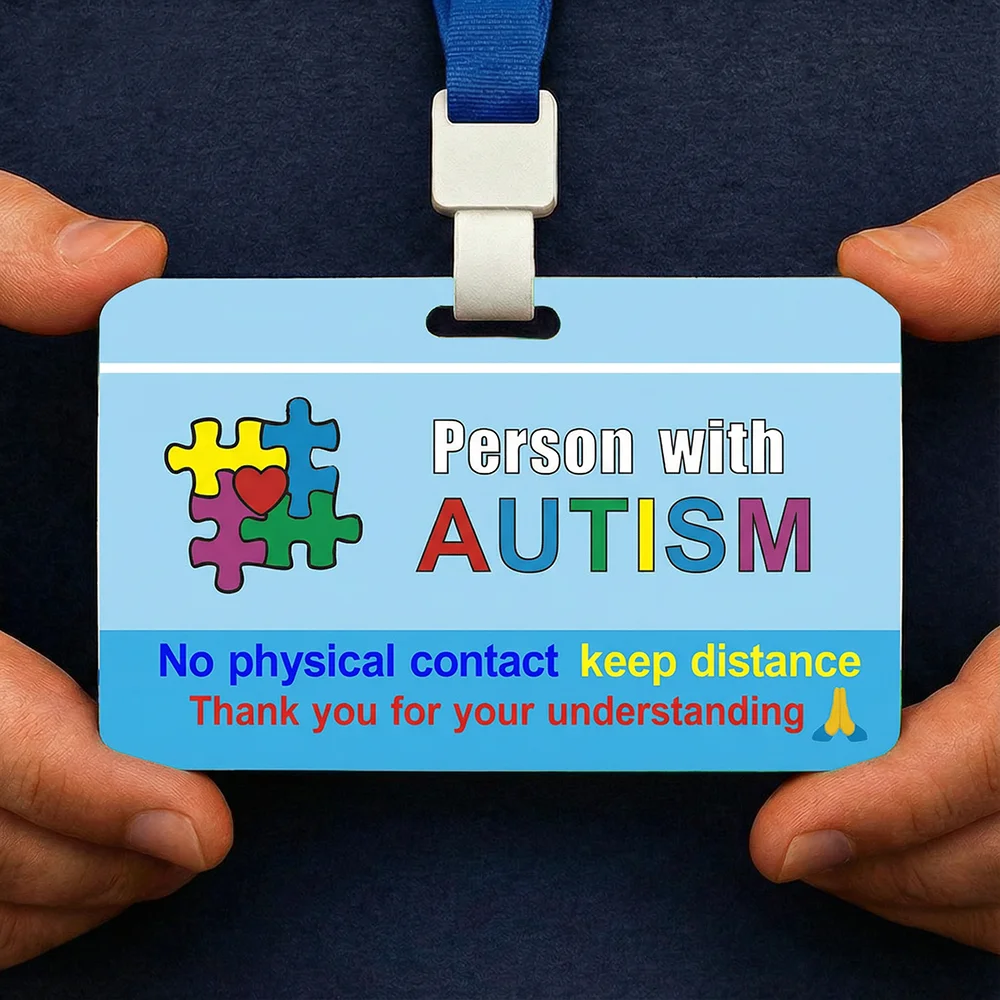 Autism ID Card with Neck Lanyard, 0.76 mm (0.03 in) Thickness, Autism Awareness Alert Badge in English, German, and French, No T