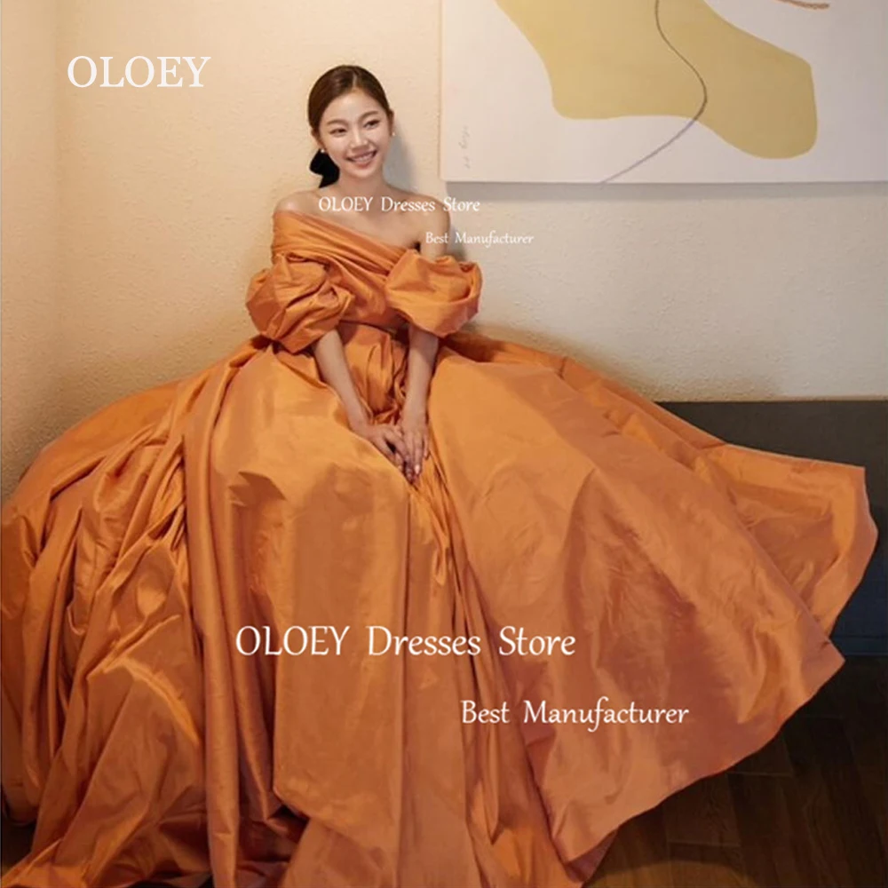 

OLOEY Orange A Line Korea Wedding Photoshoot Dress With Detachable Sleeves One Shoulder A Line Evening Gown Floor Length Pleats