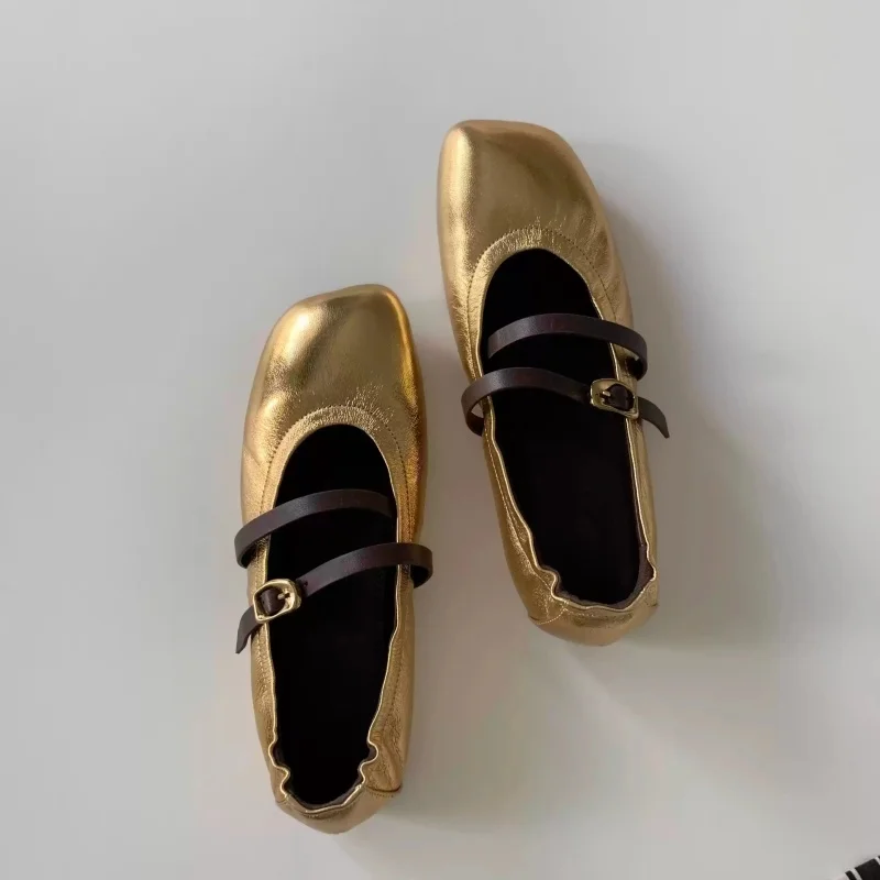 

Gold Flat Women Shoes Square Toe Double Buckle Casual Shoes Female Shallow Comfort Mary Jane Shoes Women Zapatos De Mujer