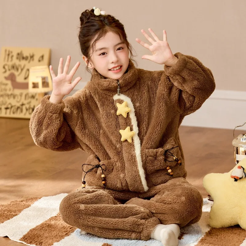 2pcs Coral Fleece Pajamas Set for Girls Autumn Winter Warm Cartoon Loungewear Zipper Stand Collar Kids Flannel Sleepwear