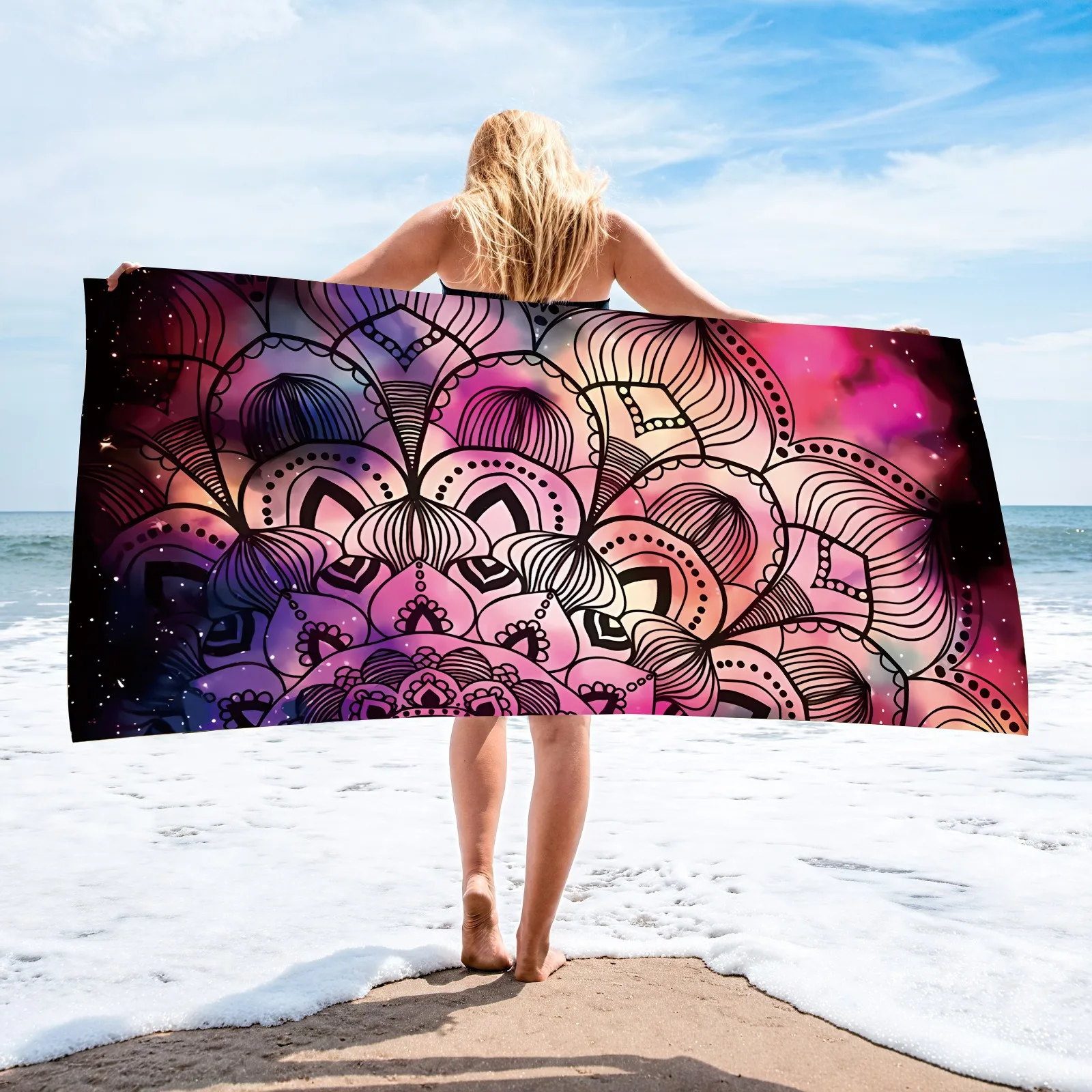 

Galaxy Mandala Beach Towel Pink Purple Starry Sky Bath Towel Quick Dry Polyester Sand Free Blanket For Summer Pool Swim Travel