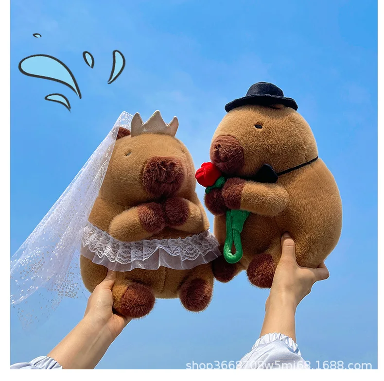 Gentleman Capybara Holding Rose Flower Stuffed Plush Toy Bedding Doll Creative Gentleman Capybara Doll Bride Groom Wedding Gift