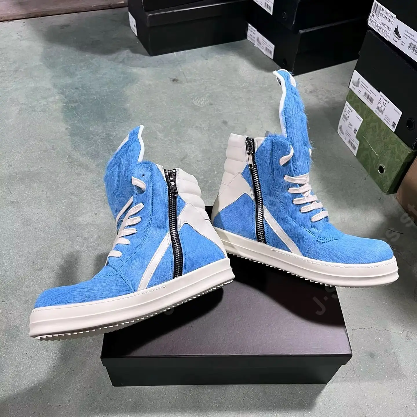 Ricks Klassiek Ontwerp Mannen Owens schoen Paardenhaar Vrouwen Hoge Top Sneaker Blauw Paardenhaar Met Wit Leer Buiten Rits Platte Schoen