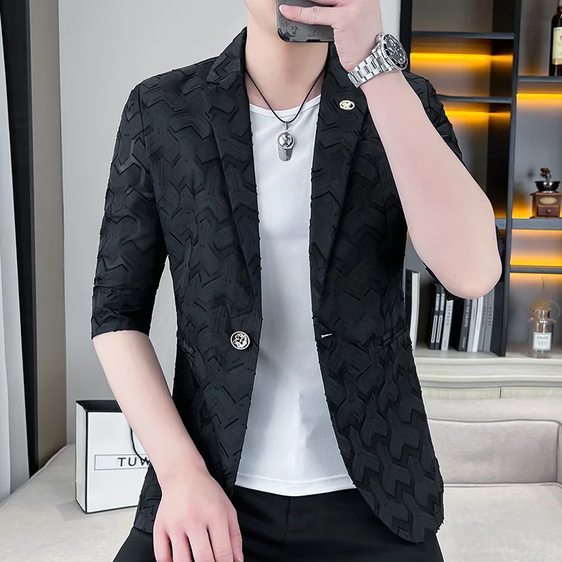 Summer Thin 3/4 Sleeve Blazers Men Slim Casual Business Suit Jackets Men Clothing Streetwear Social Nightclub Hairstylist Jacket