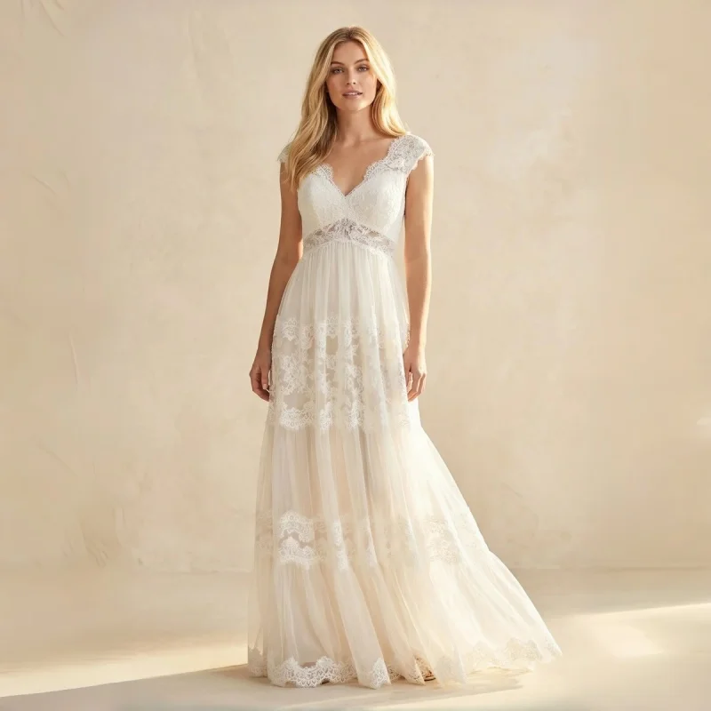 Bohemian Lace Empire Waist Wedding Dress V-Neck with Tiered Tulle Skirt Evening Gowns Customizable