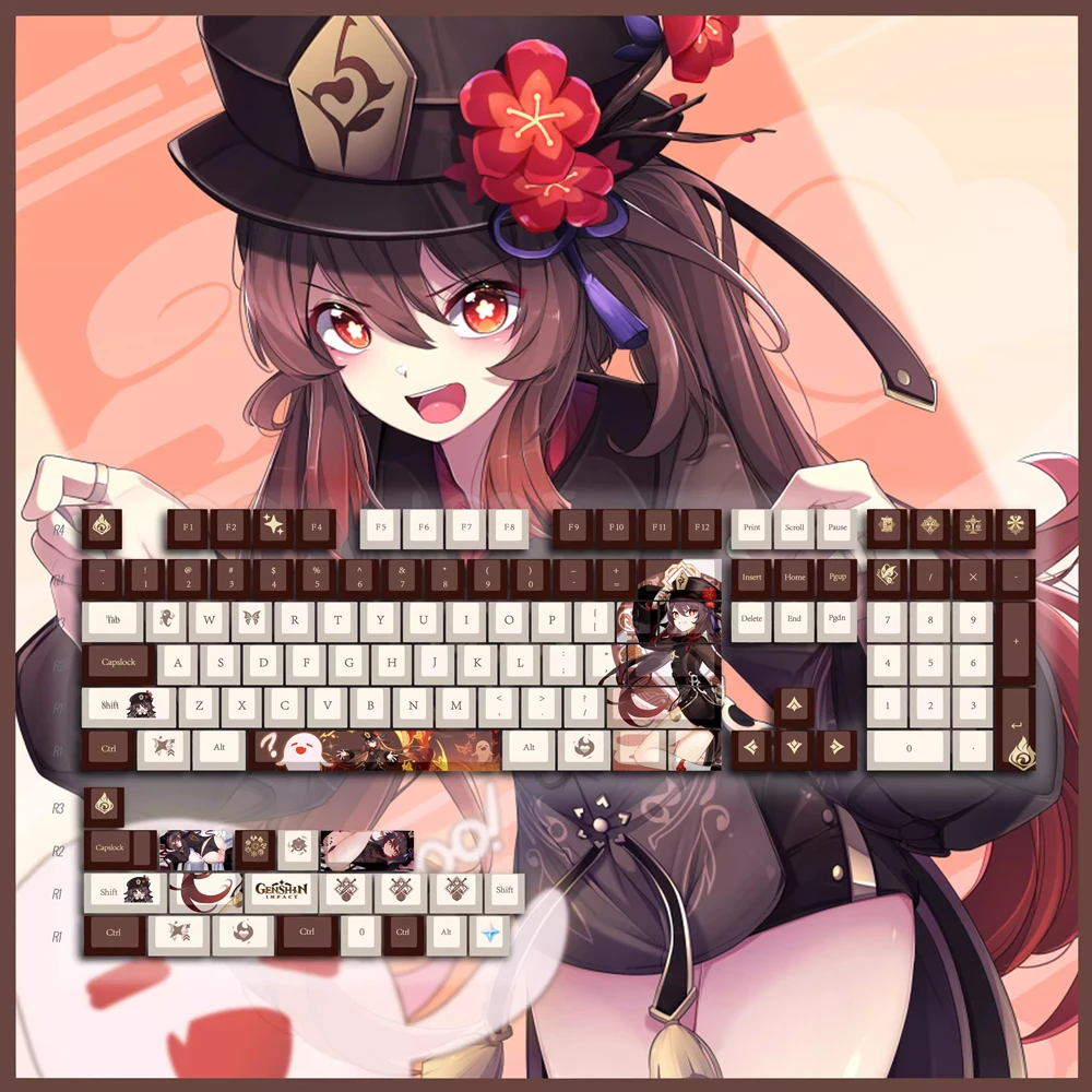 Hutao PBT Keycaps Genshin Impact DYE Sublimation Key Cover Cherry Cross MX Switch Key Caps for Mechanical Keyboard Otaku Gift