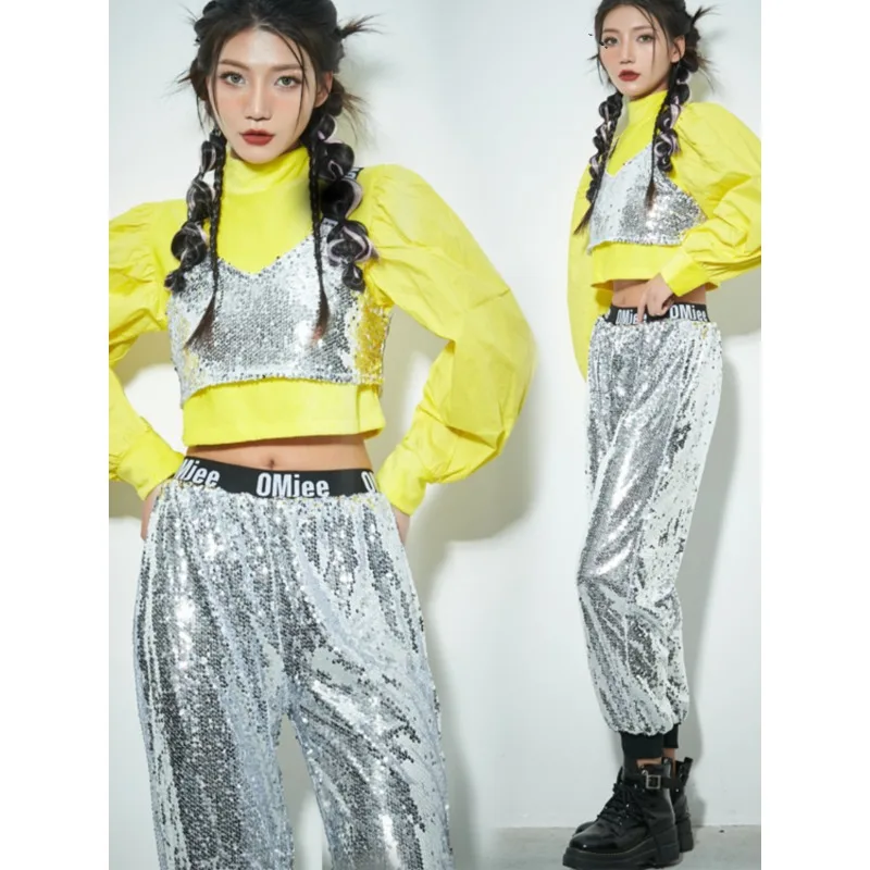 Giacca corta da ballo jazz di marca trendy Street Dance per ragazze in stile asiatico-americano, con paillettes per spettacoli.