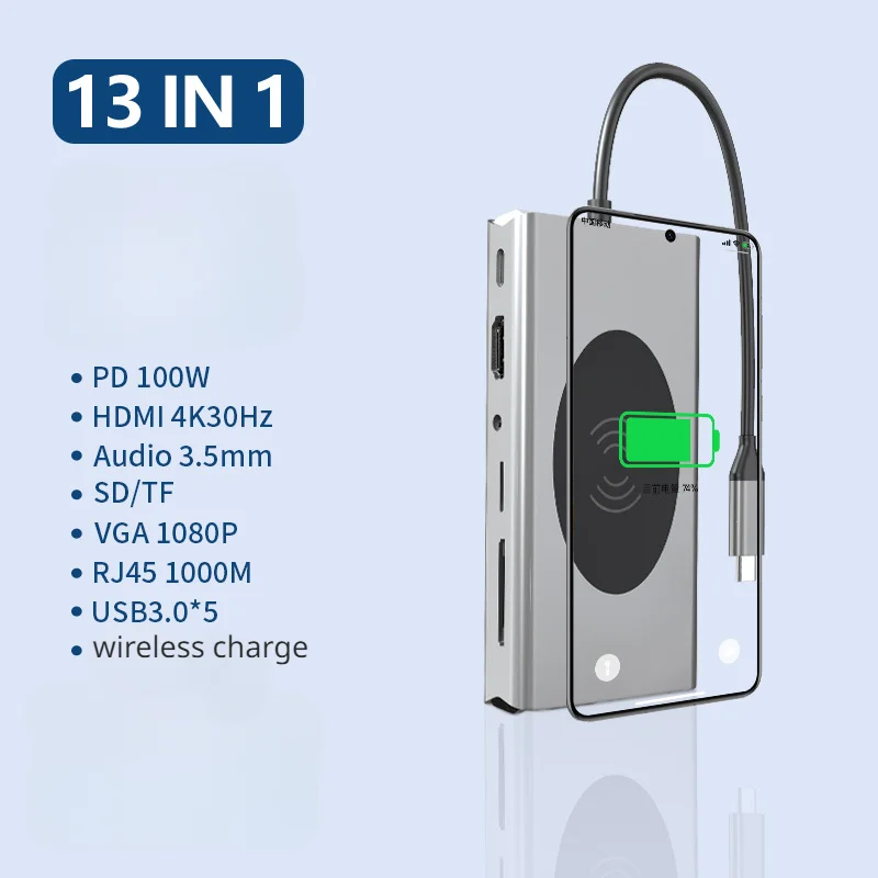 

Док-станция 13 в 1, USB-концентратор, USB3.0, док-станция для беспроводной зарядки для Xiaomi Lenovo Macbook, USB-концентратор 3.0