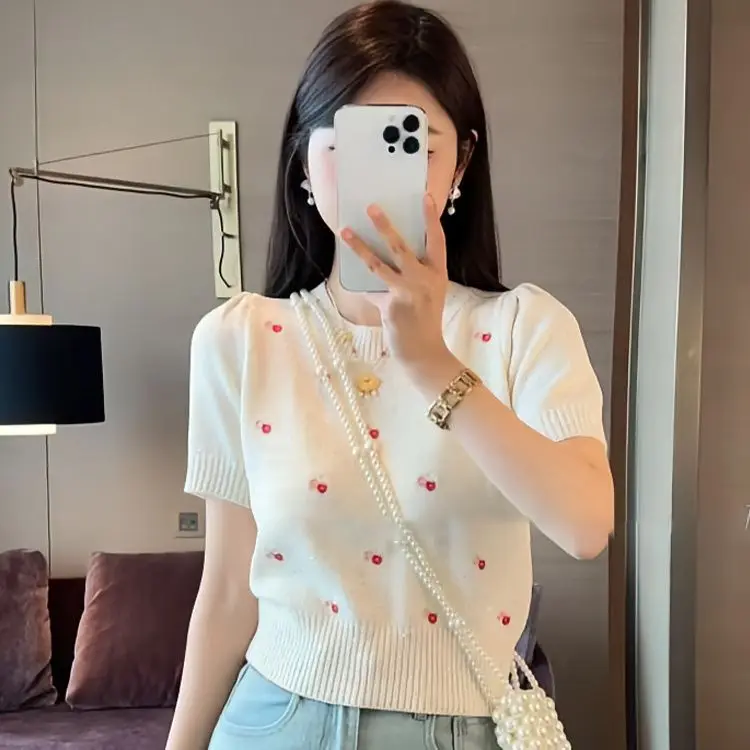 

Новый летний вязаный свитер с уникальным и супер красивым дизайном спереди и плечами, женский темперамент с короткими рукавами