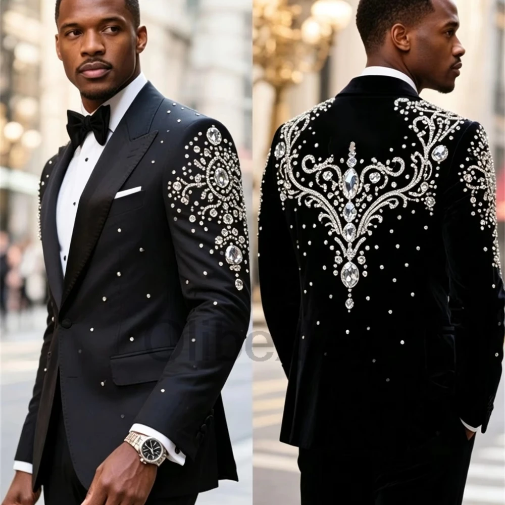 Olibexley Black 2 Pieces Men's Suits Set Tuxedo Shiny Crystal Beaded Groom Wedding Male Prom Blazers Ropa Hombre Customized S385