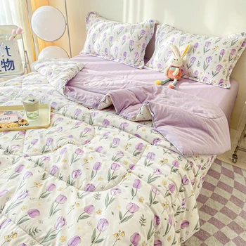 Purple flowers print quilt summer cooling blanket single double queen bed duvet cover air conditioning quilt light duvet cover