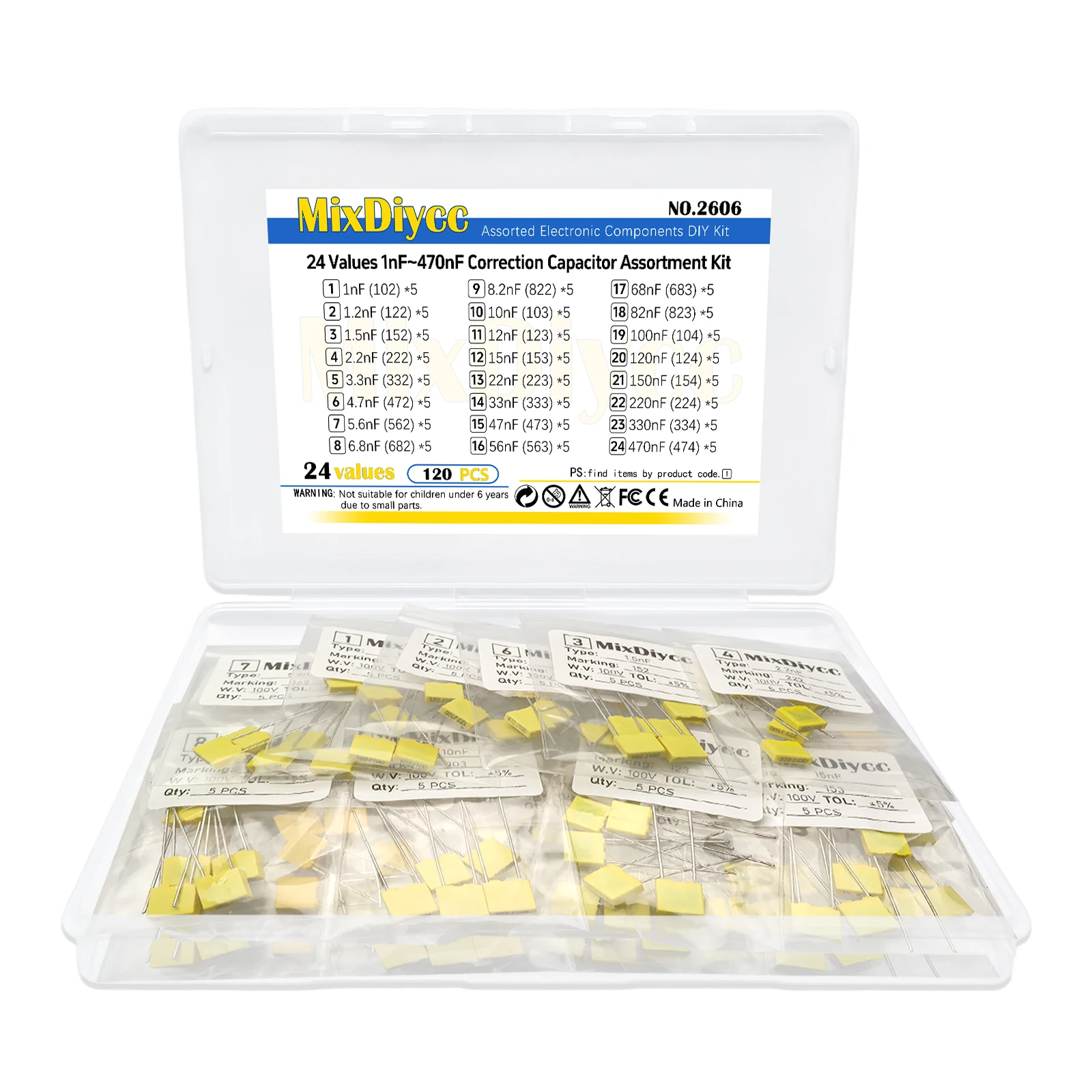 24 Values Correction Capacitor Kit 100V 1/1.5/2.2/3.3/4.7/10/22/33/47/100/220/330/470 nF 102/103/104/472/473/474 Total 120 Pcs