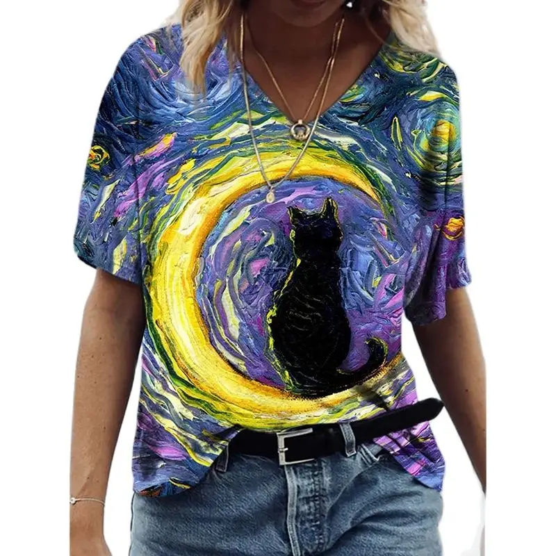 Women\'s 3d Cats Print T-Shirt Fashion Woman Blouses 2023 Funny Kawaii V-Neck T Shirt Female Clothing Oversized Summer Tops Tees