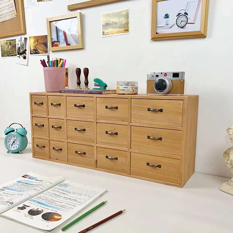 Retro Wooden Storage Cabinet, Desktop Organizer Box, Multi-Drawer Chest for Office Supplies, Ledger and Seal Storage.