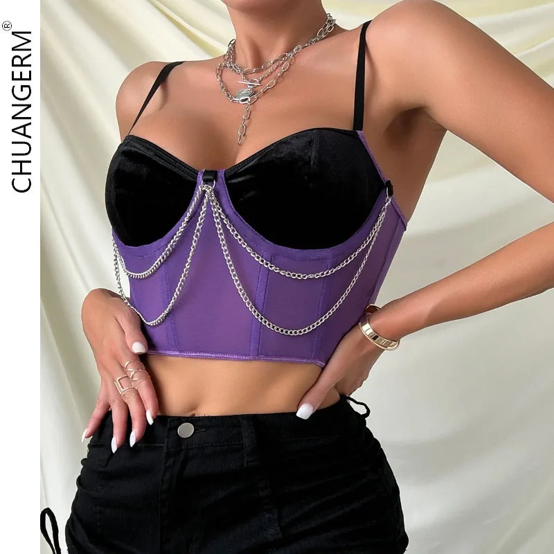 

CHUANGERM Sexy Corset Hottie Vintage Y2K Patchwork Bodyshaper Bustier Top Metal Chain Sleeveless V-neck Backless Bandage Women