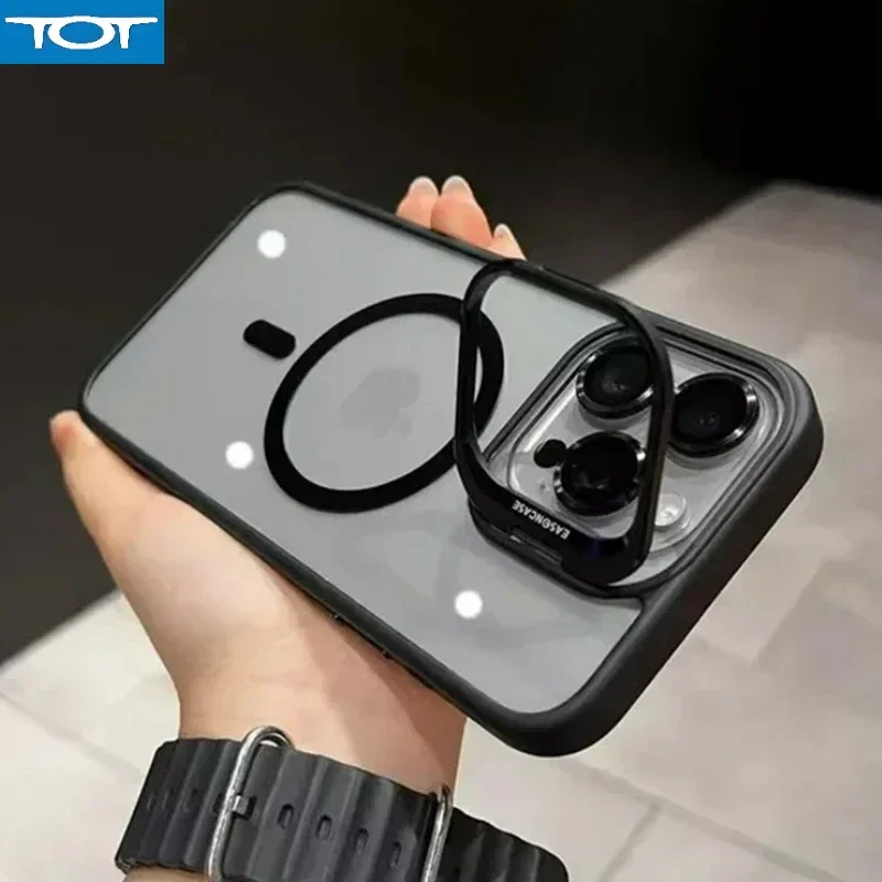 

Luxury Magnetic Shockproof Phone Case For iPhone 11 12 13 14 15 16 Pro Max Plus Magsafe Glass Lens Stand Protection Back Cover
