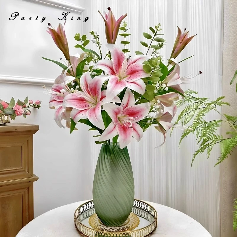 

Искусственный букет цветов лилии, ваза, композиция, украшение для дома, гостиной, искусственные цветы, украшения для стола