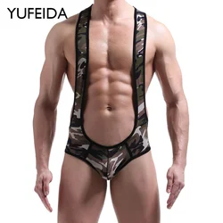 Yufeida sexy Tarnung Bodysuit Jock strap Bodywear erotische Teddys Unterwäsche Herren Wrestling Singulett Trikot Overalls Hosenträger