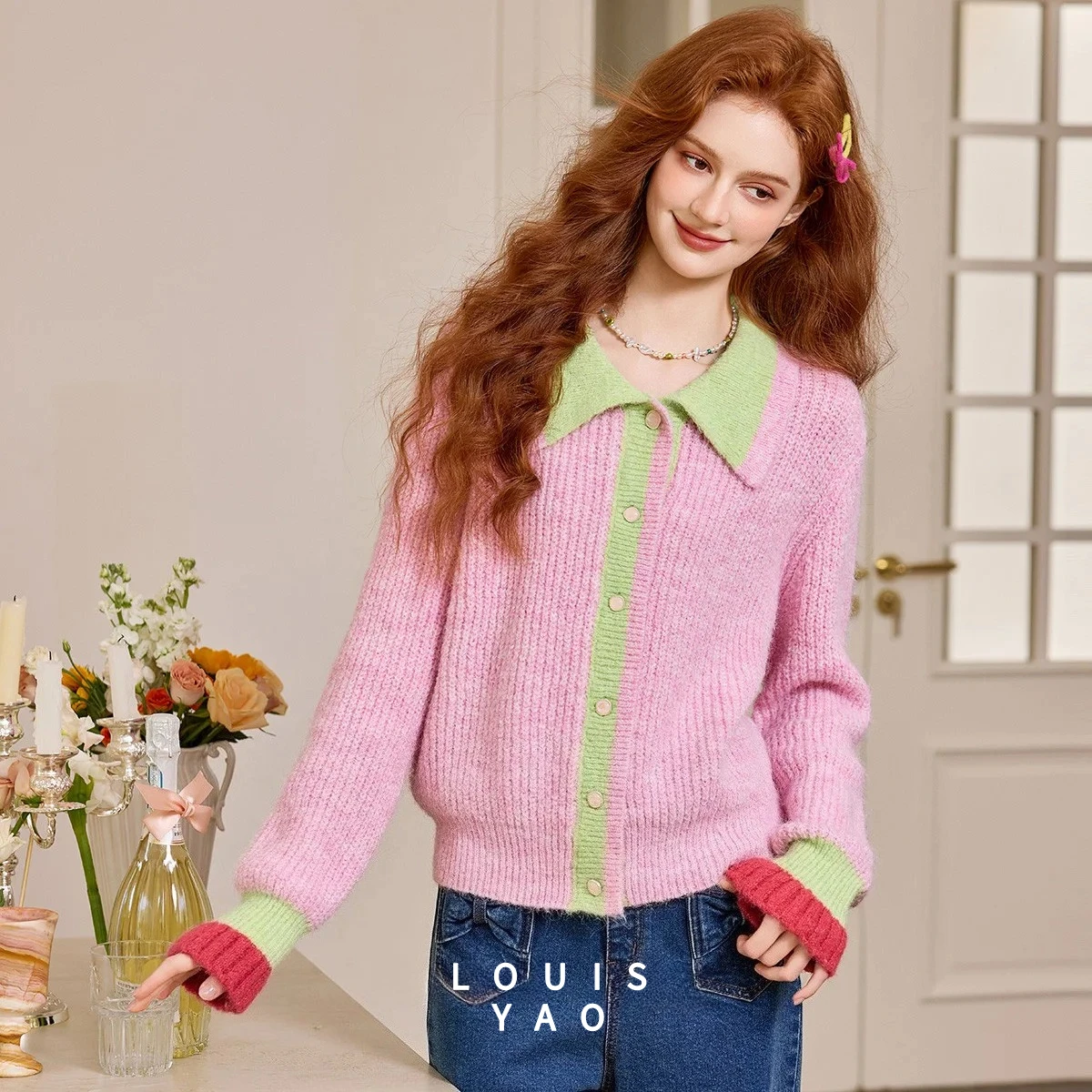 

LOUISYAO Sweet Contrast Colors Knitwear 2025 Autumn/Winter Fashion Casual Elegant Collared Cardigan Top Women's Sweater
