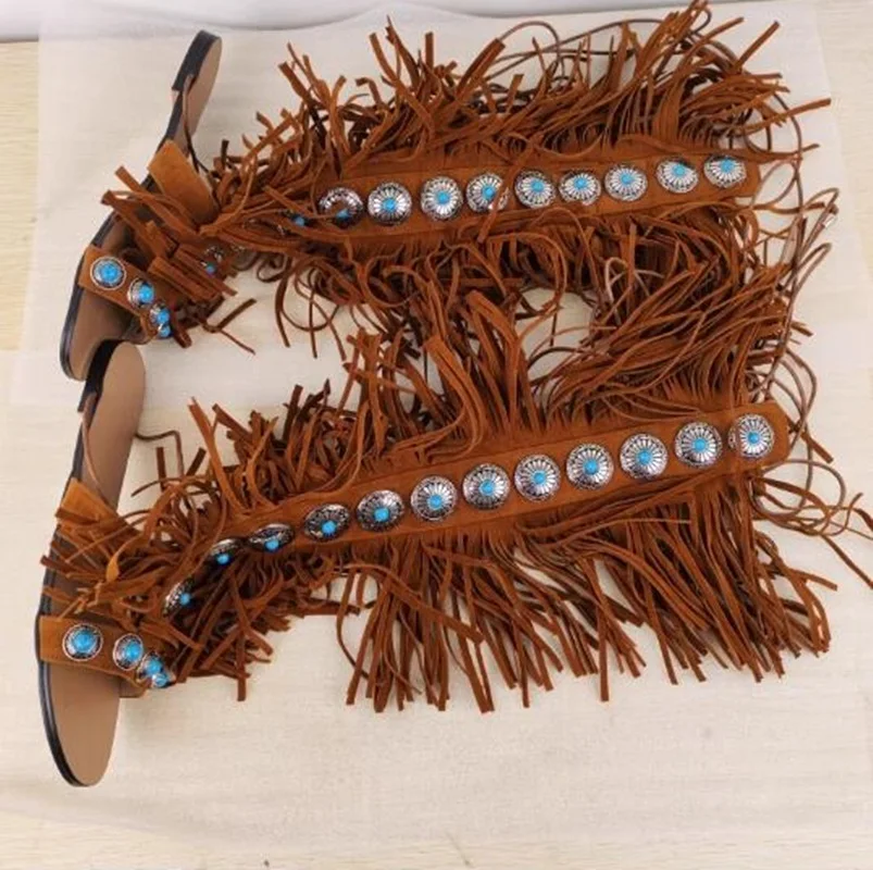 

Newest Fringe Heels Women Boots Open Toe Metal Decor Gem Stones Brown Black Tassels Flat Rome Style Footwear