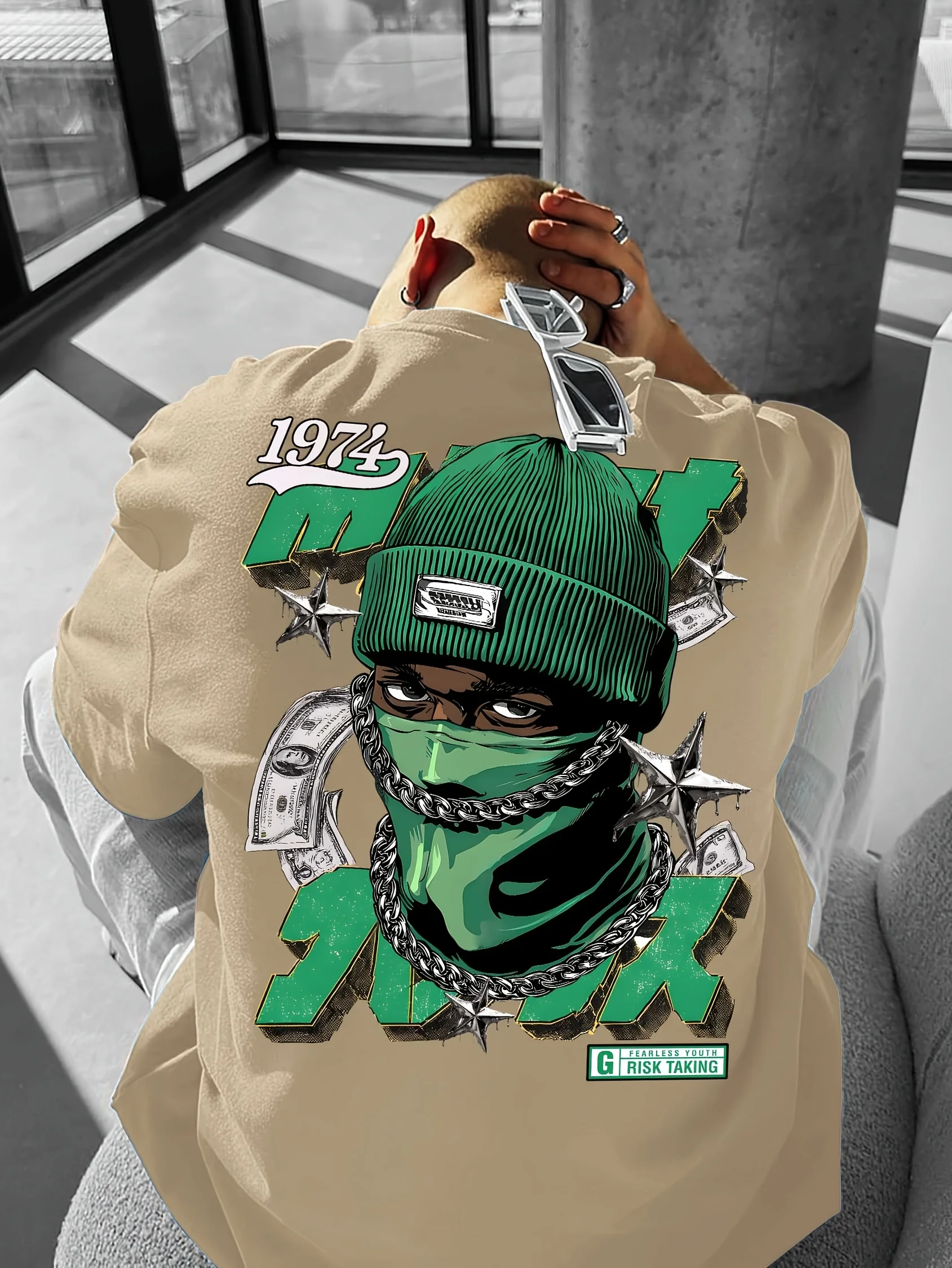 Men's Street Style T-Shirt Lavender Purple Hooded Character Money Bag and Chain Design, Urban Hip Hop Concert Party Apparel