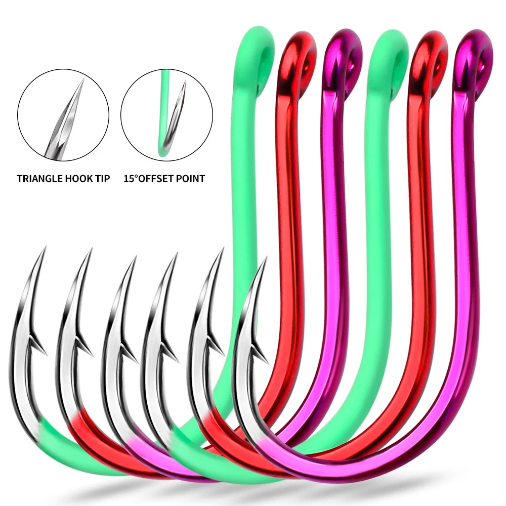 10 unids/set anzuelo de pesca de acero al carbono con púas, accesorios de un solo gancho utilizados para cebo blando, pesca de acero de agua salada, anzuelo colorido