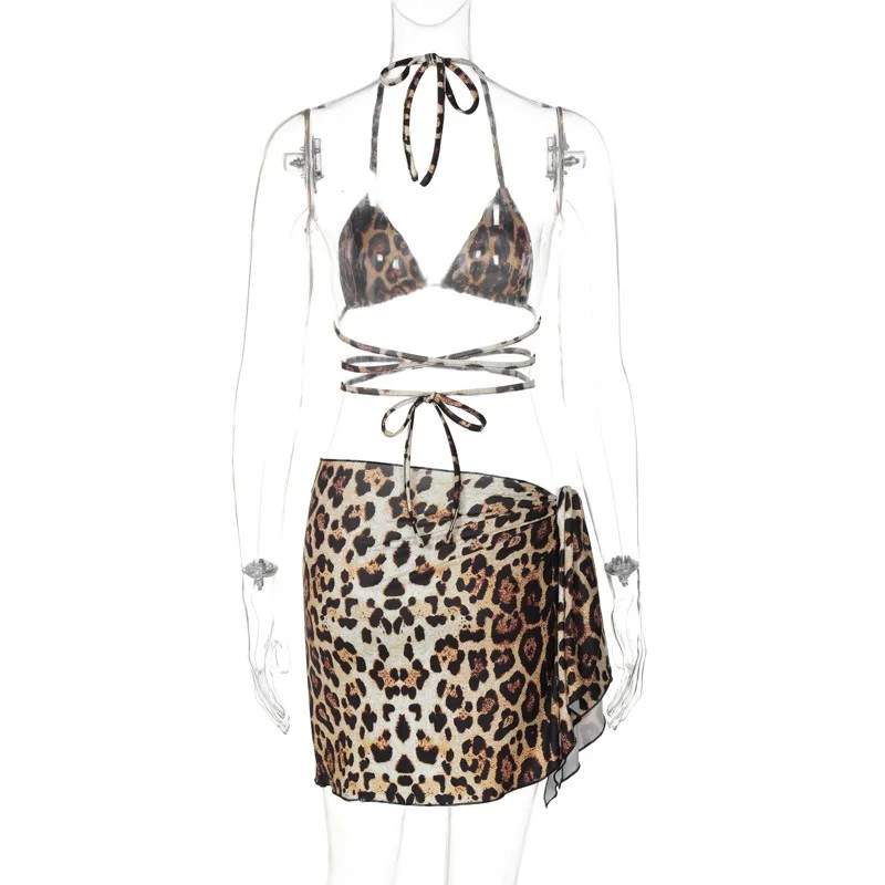 2024 Summer Leopard Printed Vacation Beachwear Bikini 2 Piece Set Women Halter Lace Up Bra Bandage Mini Skirt Spicy Girls Outfit