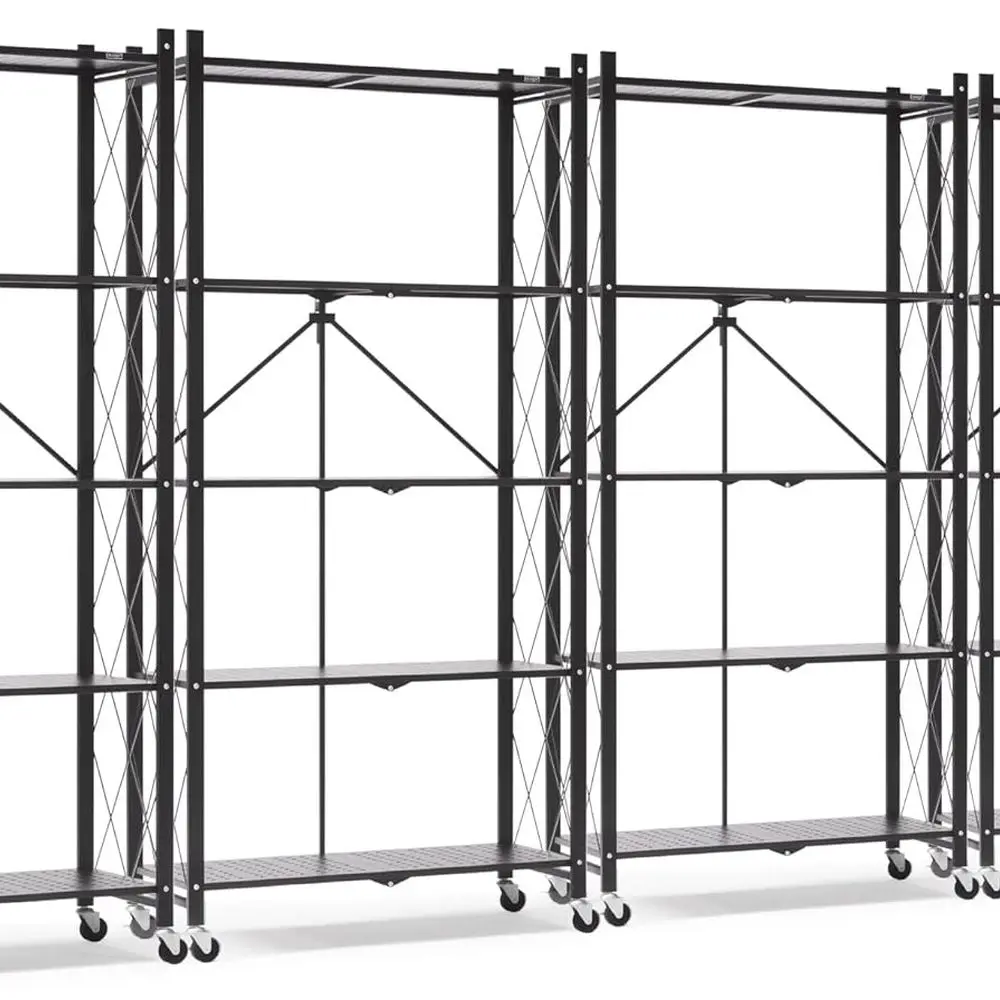 

5-уровневая сверхпрочная металлическая складная полка с колесами, складная и вращающаяся полка для хранения на кухне, кладовой и подвале (черный)