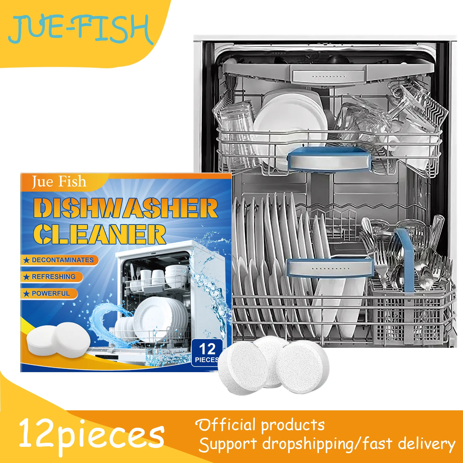 

Jue Fish 12Pcs Dishwasher Cleaner Tablets Powerful Degreasing Anti-Limescale Keep Dishes Clean Household Dishwashing Tablets