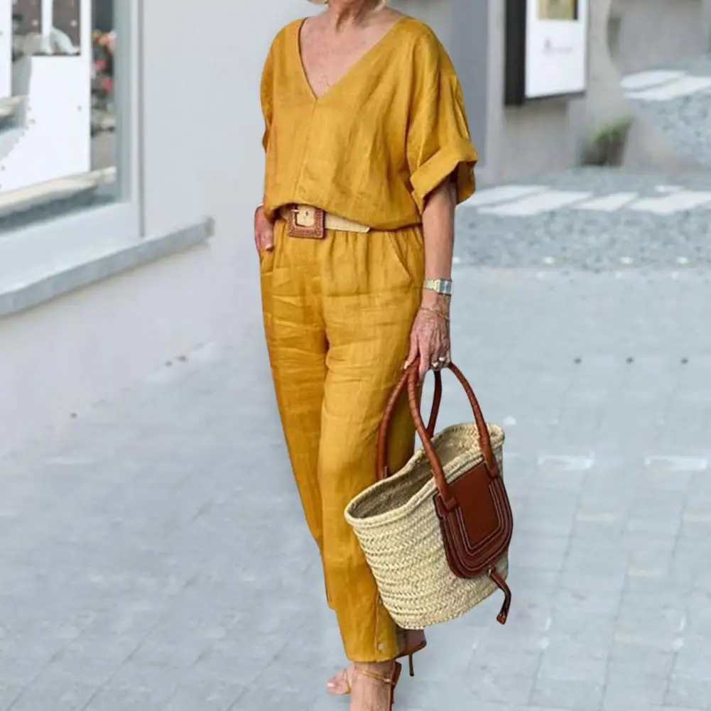 Dresy damskie w stylu Casual, letnia luźna zestawy dwuczęściowe jednolity kolor, długi rękaw V Neck swetry komplety ze spodniami ensemble femme 2