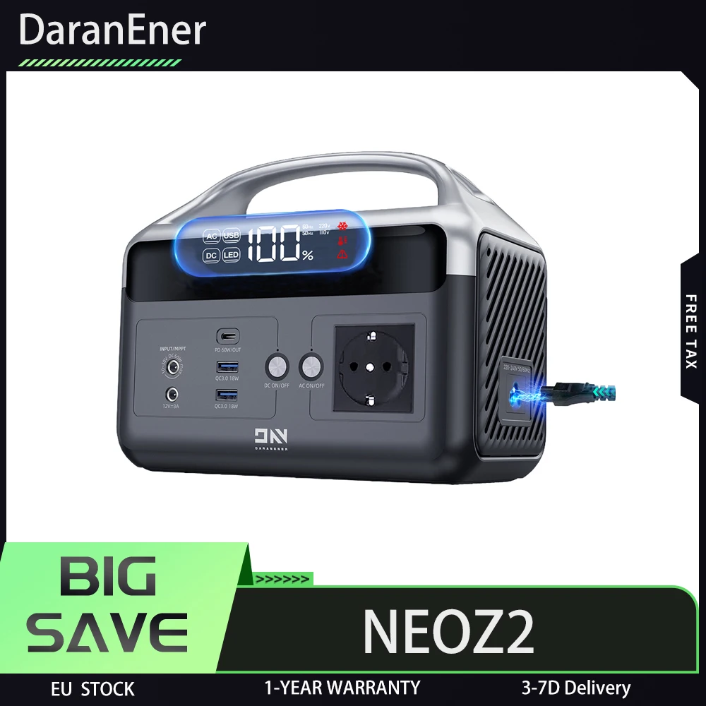 Przenośna stacja zasilania DaranEner NEOZ2, bateria LiFePO4 o pojemności 192Wh, wyjście AC 300W, moc szczytowa 600W, wejście solarne 60W, USB-C PD 60W, 2× USB-A, wyjście DC5521, ochrona BMS, do użytku