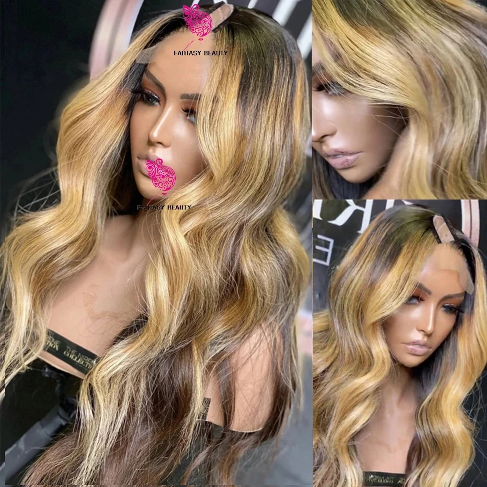 Ombre Golden Blonde V Part Wigs Loose Wave Unprocessed 100% Human Hair Highlight Honey Blonde Middle/Side UPart Full End Cosplay