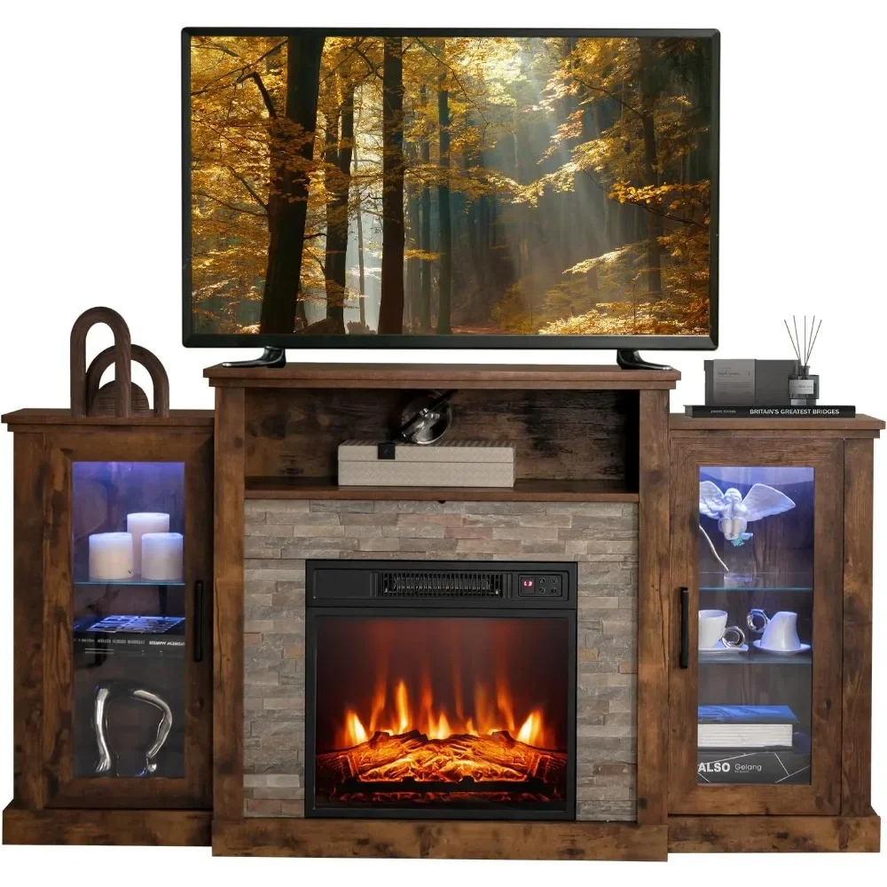 Soporte para TV con chimenea eléctrica, inserto para chimenea de 18 pulgadas con control de aplicación, control remoto, luces de 16 colores, estantería ajustable