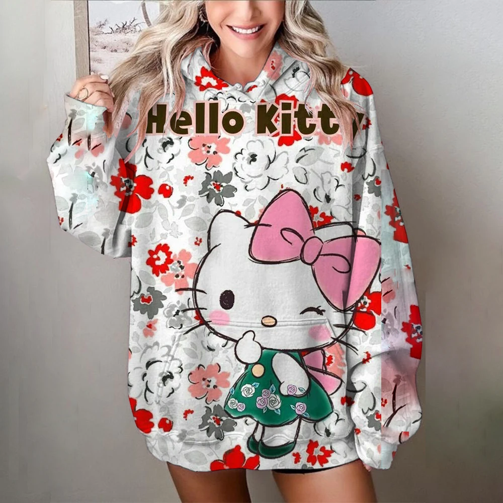 2024 New Fashion Hello Kitty Printed Couple Loose Hooded Sweater Winter Kawaii Fall 2024 Women Anime Hoodie