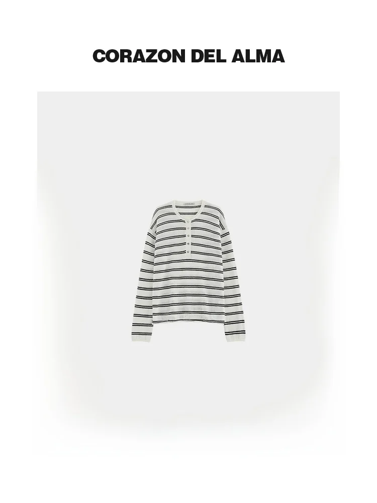

Dry Comfortable Mixed Cotton Woolen Knit Top Classic Bla White Stripes Loose Fit Regular Length Women's Casual Faion