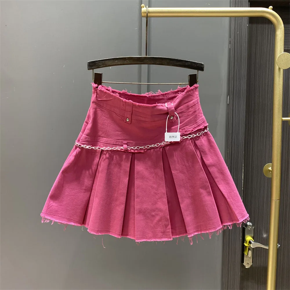 2024 Summer Women's Denim Skirt Rose Pink Pleated Burrs A-line High Waist Female Mini Skirts Fashion Stretch Solid Jeans Skirt